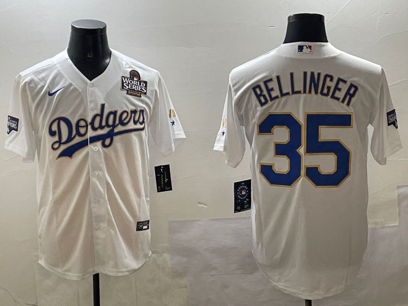 Men Los Angeles Dodgers #35 Bellinger White Gold Game 2025 Nike MLB Jersey style 6